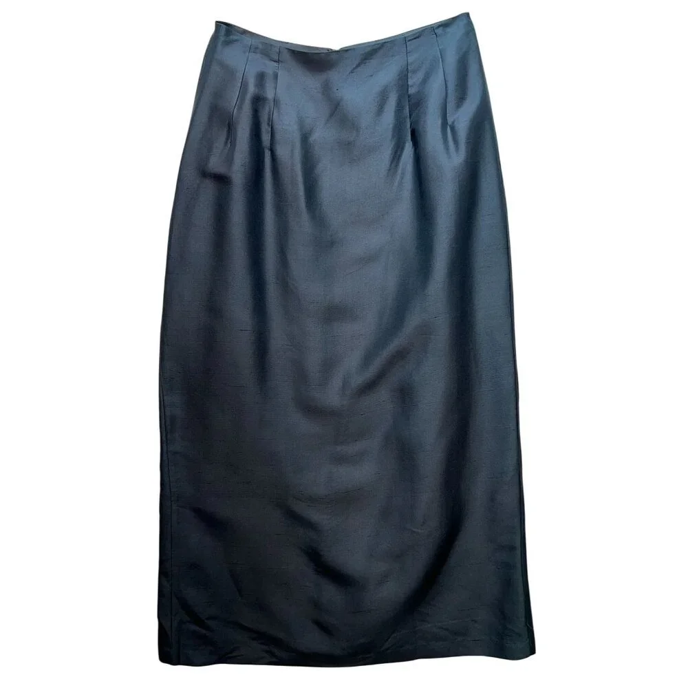 An Ren New York Womens Midi Silk Straight Pencil Skirt Small Black Back Slit - Picture 1 of 10